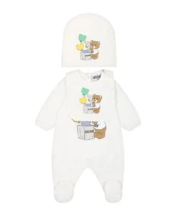 MOSCHINO White Set For Baby Kids With Teddy Bear And Logo