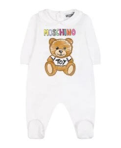 MOSCHINO White Babygrow For Babykids With Teddy Bear And Logo