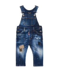 DSQUARED2 D2j217b Overalls Dsquared Shaded Dark Blue Denim Dungarees With Patches And Spots