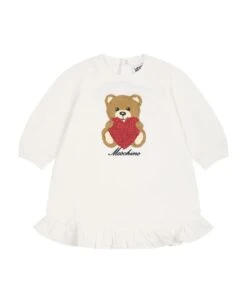 MOSCHINO White Dress For Baby Girl With Teddy Bear And Logo