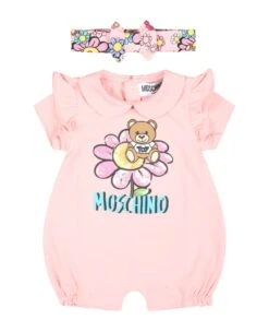 MOSCHINO Pink Set For Baby Girl With Teddy Bear And Flowers