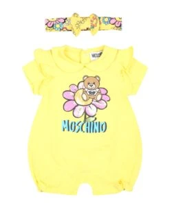 MOSCHINO Yellow Set For Baby Girl With Teddy Bear And Flowers