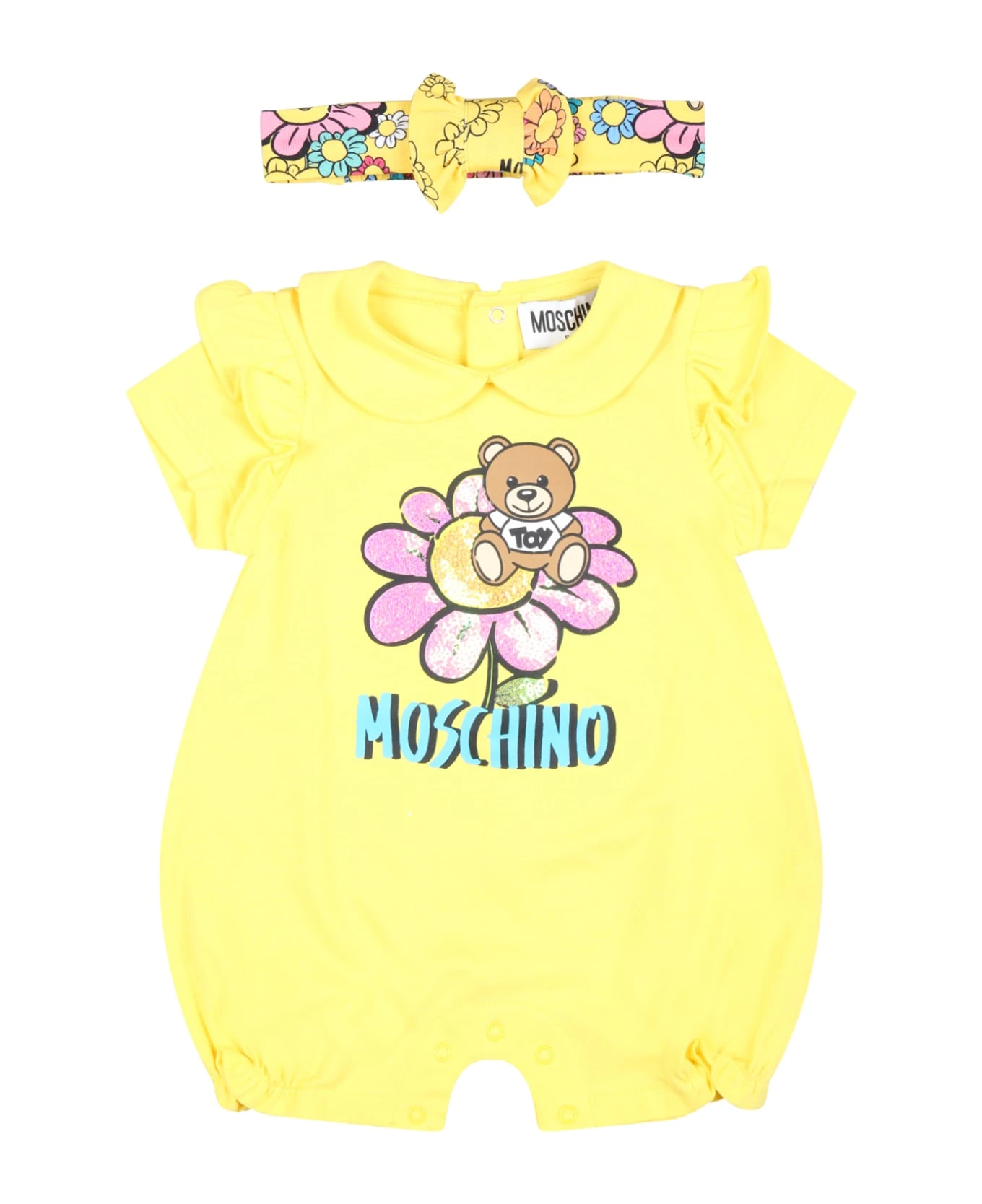 MOSCHINO Yellow Set For Baby Girl With Teddy Bear And Flowers 1 MOSCHINO Yellow Set For Baby Girl With Teddy Bear And Flowers