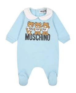 MOSCHINO Light Blue Babygrow For Baby Boy With Teddy Bears And Logo