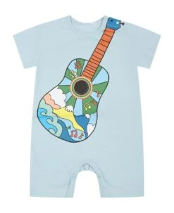 Stella McCartney Kids Light Blue Romper For Baby Boy With Guitar And Logo