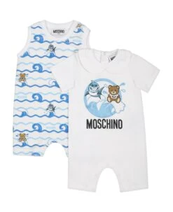 MOSCHINO Light Blue Set For Baby Boy With Print And Teddy Bear