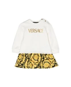 Versace Abito White Effetto Sovrapposto In Felpa Di Cotone Baby Girl
