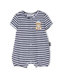 MOSCHINO Stripe Print Romper With Teddy Bear In White Cotton Baby