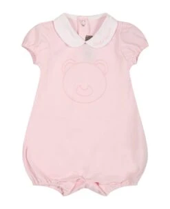 Pink Romper For Baby Girl With Bear And Logo