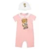 MOSCHINO Pink And White Onesie And Beanie Suit With Teddy Bear Print In Cotton Baby