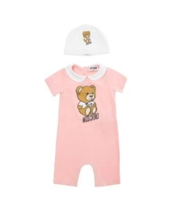 MOSCHINO Pink And White Onesie And Beanie Suit With Teddy Bear Print In Cotton Baby