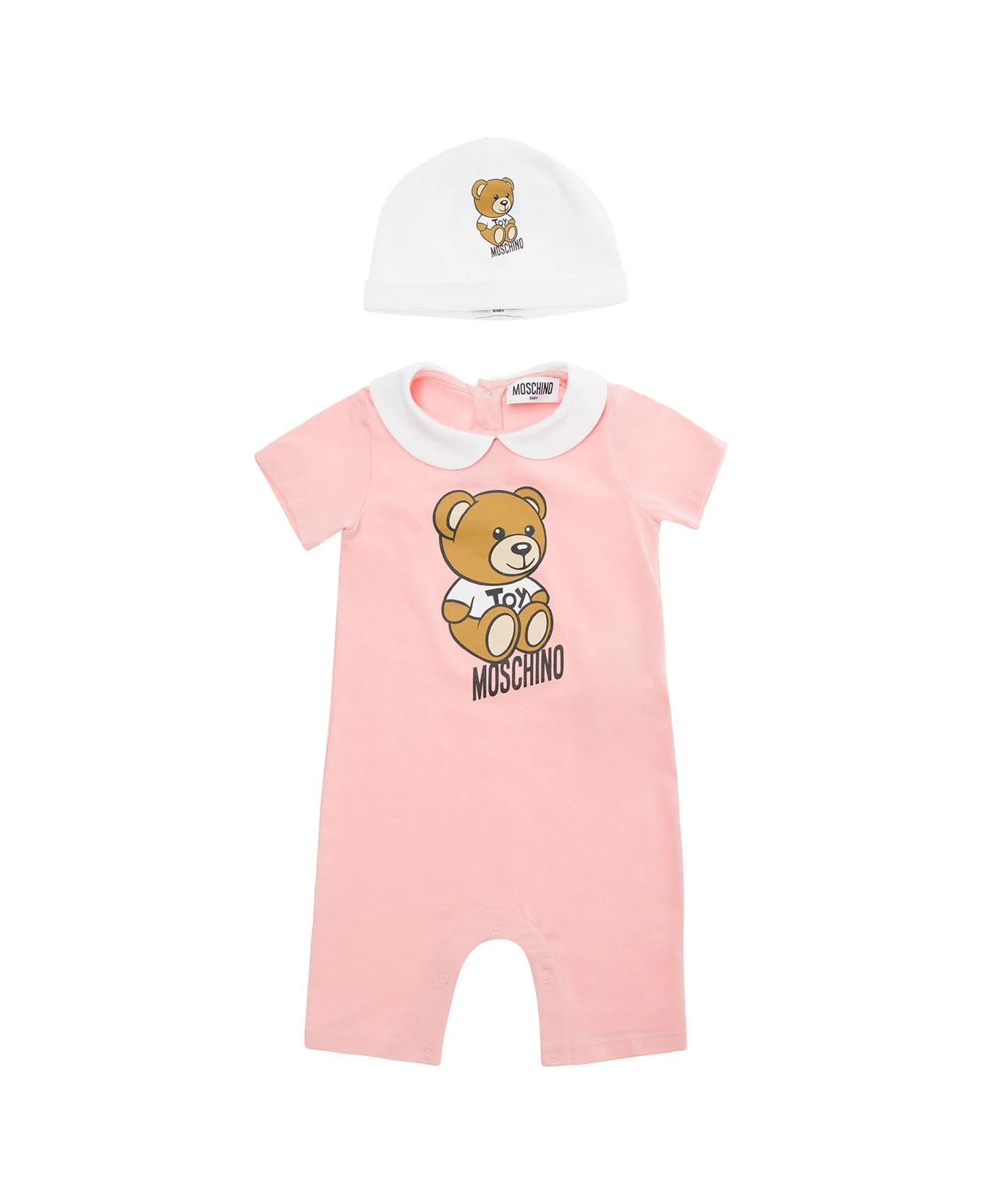 MOSCHINO Pink And White Onesie And Beanie Suit With Teddy Bear Print In Cotton Baby 1 MOSCHINO Pink And White Onesie And Beanie Suit With Teddy Bear Print In Cotton Baby