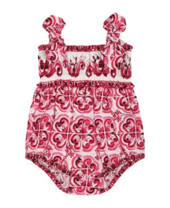 Dolce & Gabbana Fuchsia Romper For Baby Girl With Majolica Print