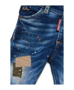 DSQUARED2 D2j217b Overalls Dsquared Shaded Dark Blue Denim Dungarees With Patches And Spots -TinyTogs Kids Shop d48a35db3155ec3ebd1c9cd22b027a38