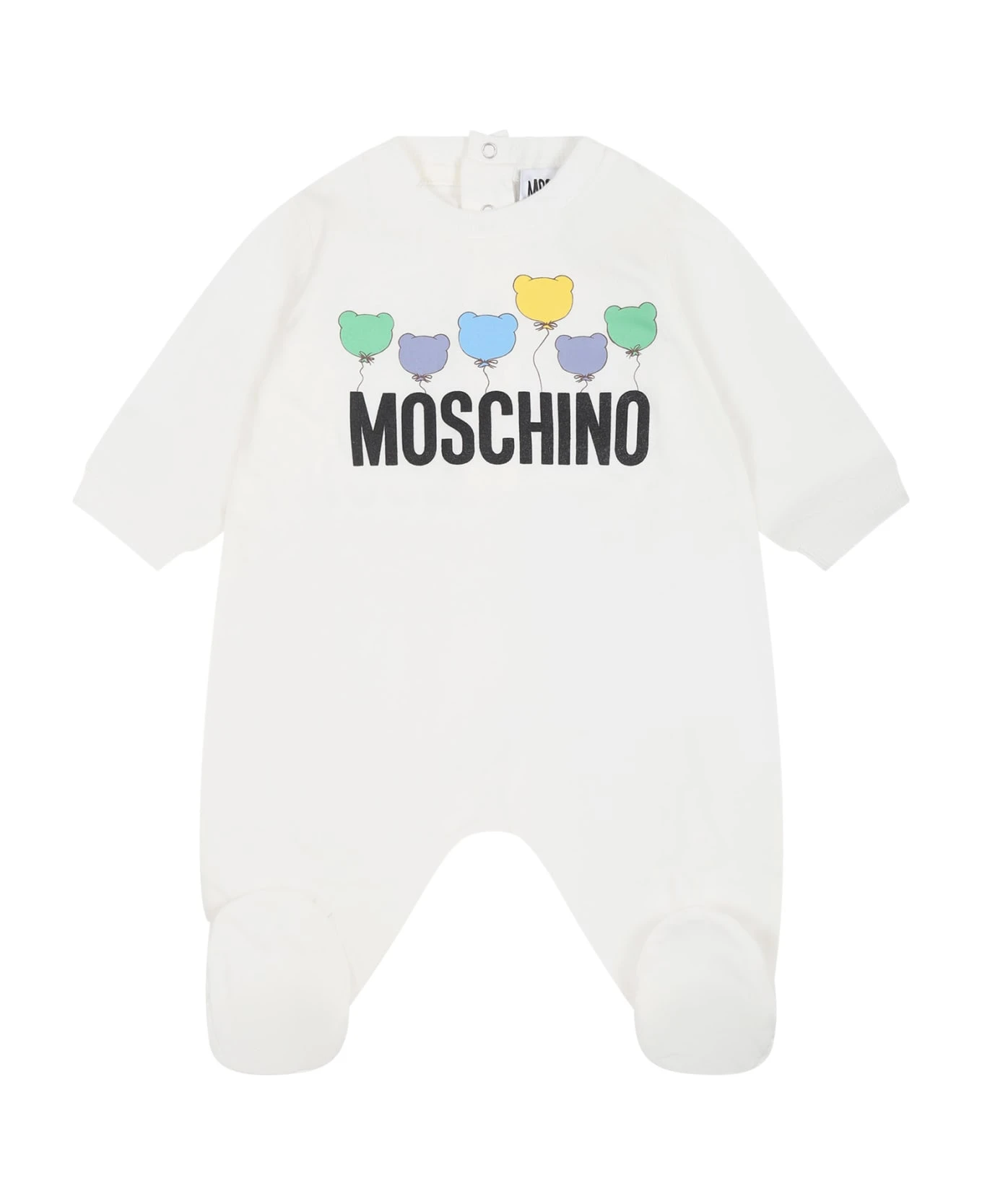 MOSCHINO White Babygrow For Baby Kids With Logo And Print 1 MOSCHINO White Babygrow For Baby Kids With Logo And Print