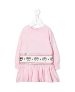 Chiara Ferragni Light Pink Sweater Dress In Cotton With Embossed Logo On The Waist