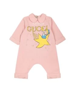 Gucci Pink Babygrow For Baby Girl With Print And Logo
