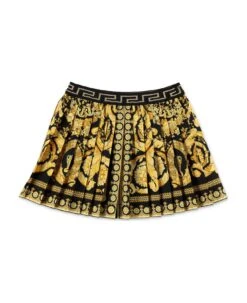 Gonna Plissé Stampa Barocca Oro In Popeline Di Cotone