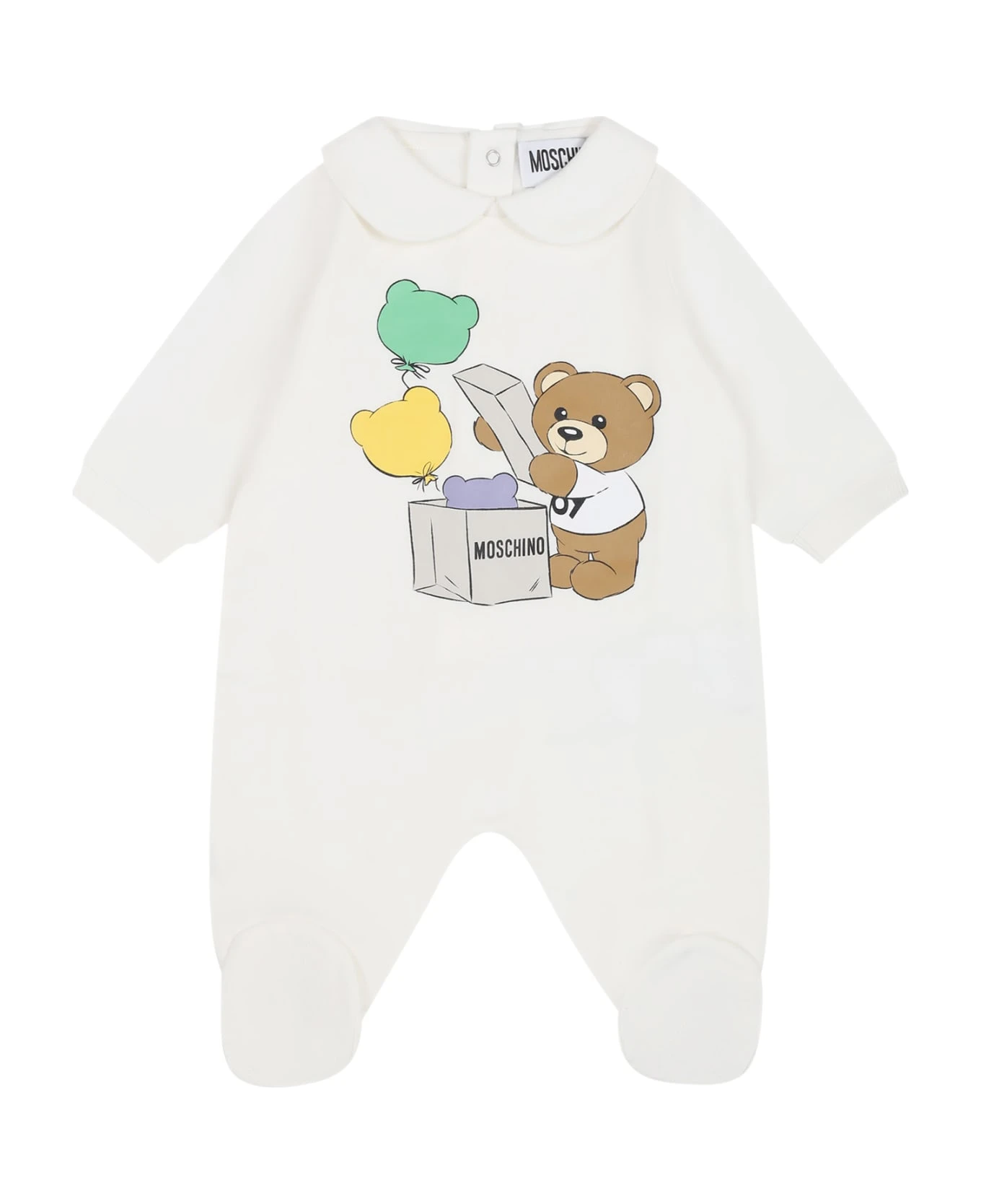 MOSCHINO White Babygrow For Baby Kids With Teddy Bear E Print 1 MOSCHINO White Babygrow For Baby Kids With Teddy Bear E Print